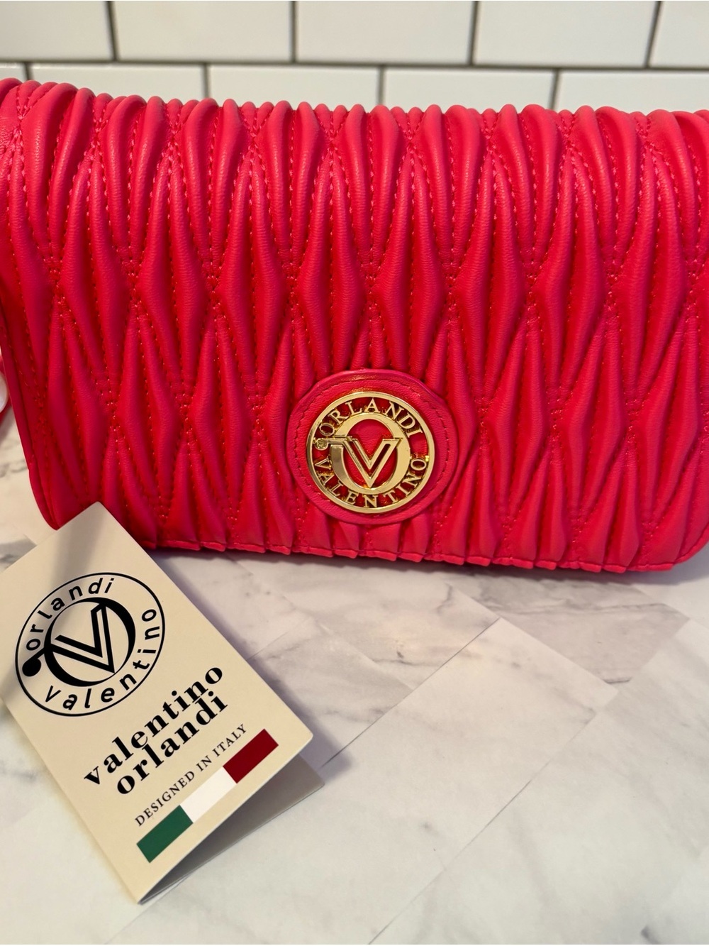 Valentino Orlandi Hot Pink Quilted Wristlet with Gold Logo